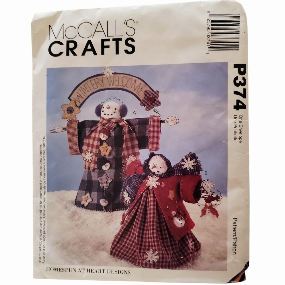 McCall's Crafts P374 Homespun Winter Snowman Decor Sewing‎ Pattern COMPLETE